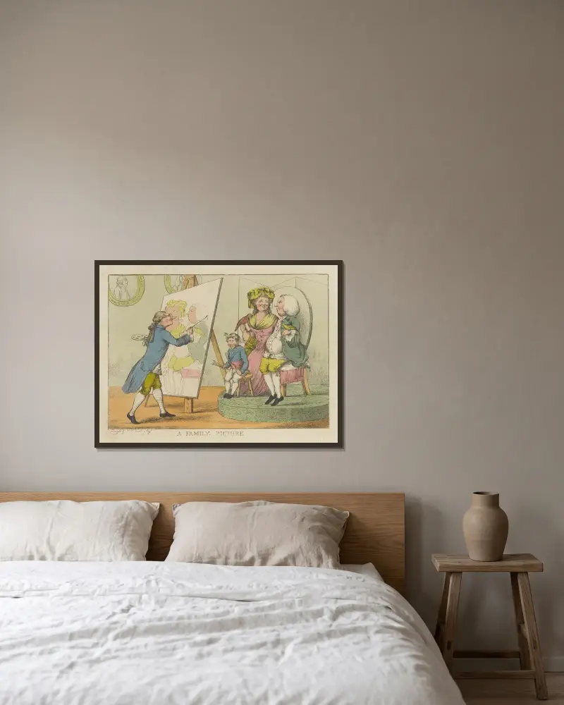 En familjebild av Thomas Rowlandson inramad på en vägg