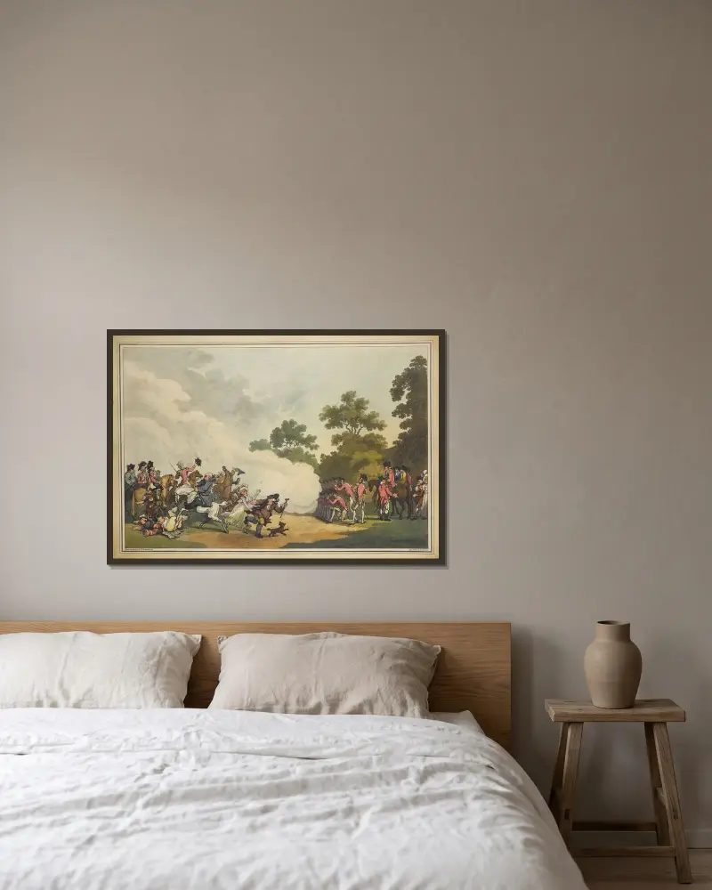 En fältdag i Hyde Park av Thomas Rowlandson inramad på en vägg
