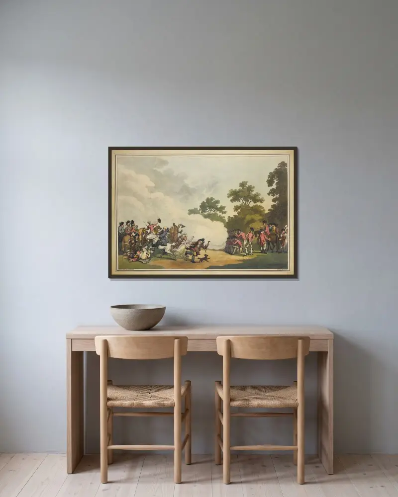En fältdag i Hyde Park av Thomas Rowlandson inramad på en vägg