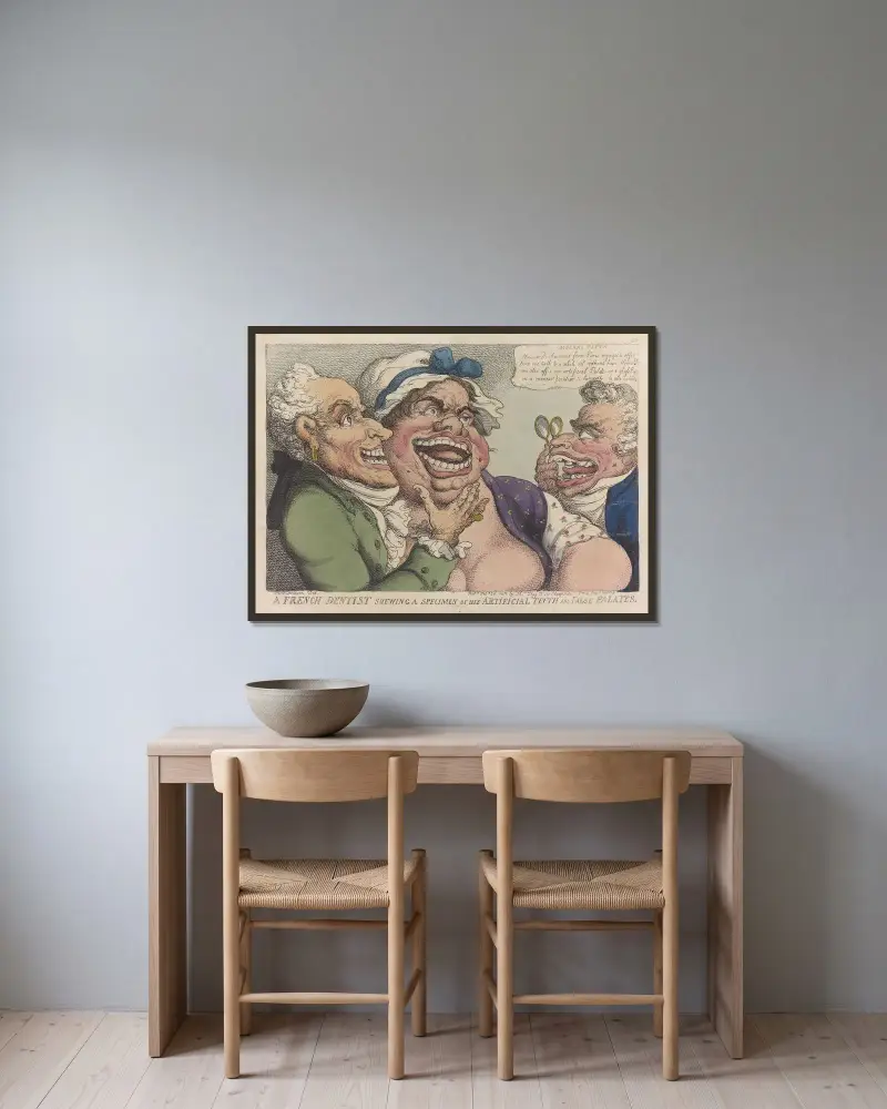 A French dentist showing a specimen of his artificial teeth and false palates av Thomas Rowlandson inramad på en vägg