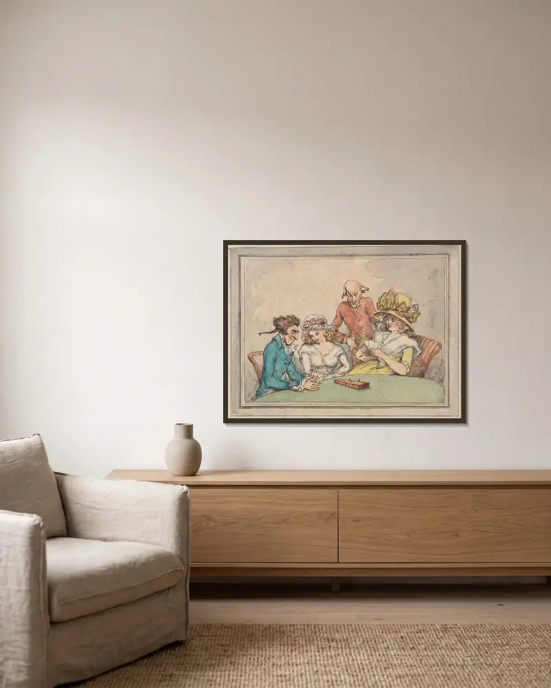 Ett parti cribbage eller Cribbagespelare av Thomas Rowlandson inramad på en vägg