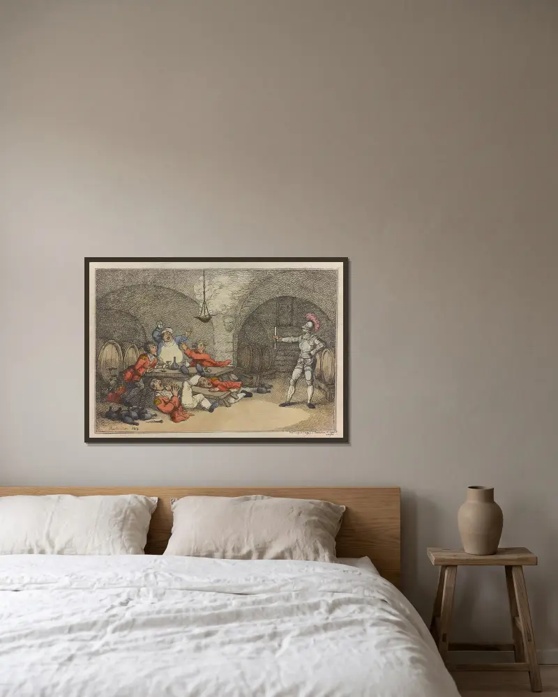 Ett spöke i vinkällaren av Thomas Rowlandson inramad på en vägg