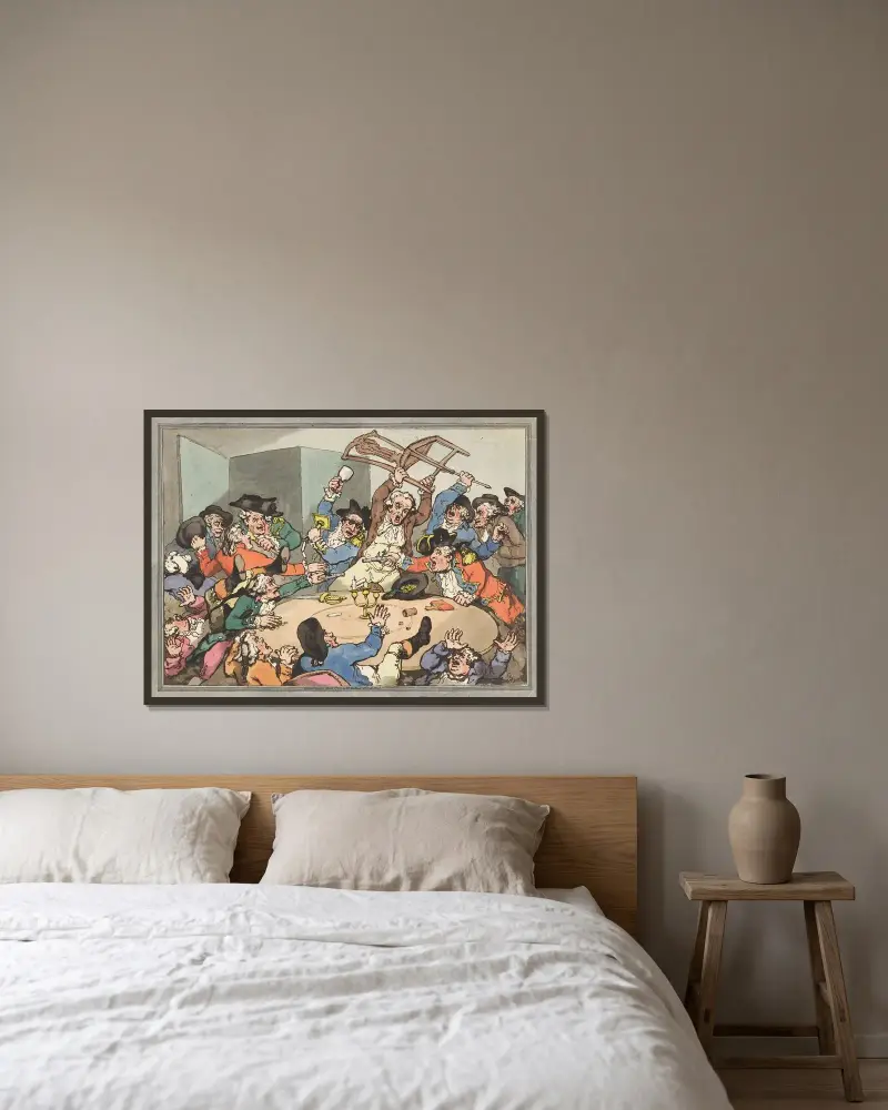Ett uppslag vid ett hasardbord av Thomas Rowlandson inramad på en vägg