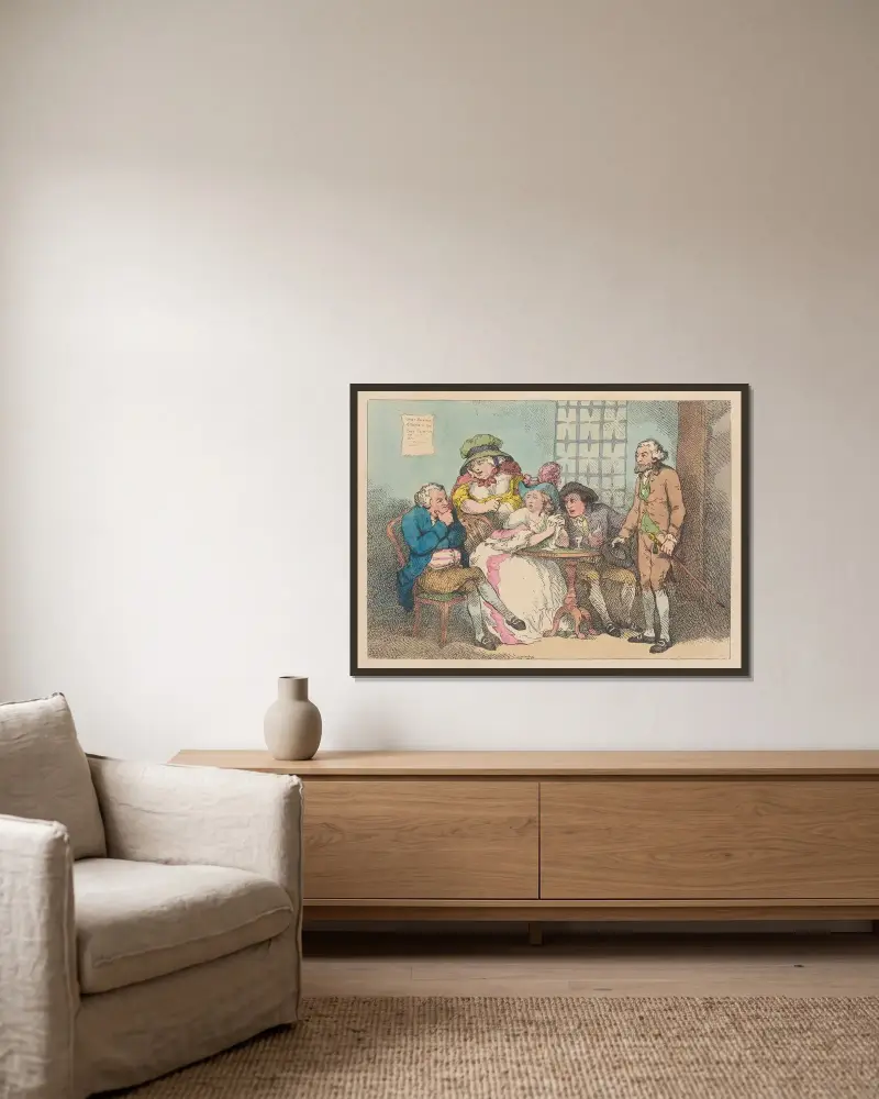 En dam i limbo eller judisk borgen avvisad av Thomas Rowlandson inramad på en vägg