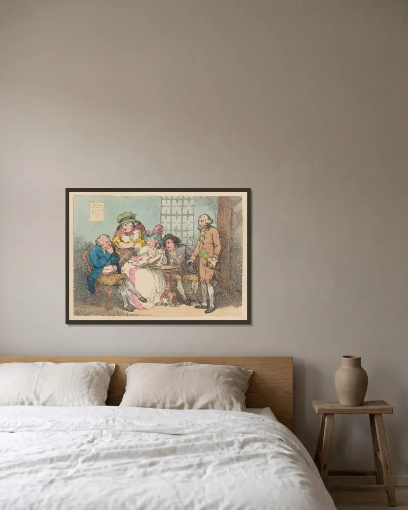 En dam i limbo eller judisk borgen avvisad av Thomas Rowlandson inramad på en vägg