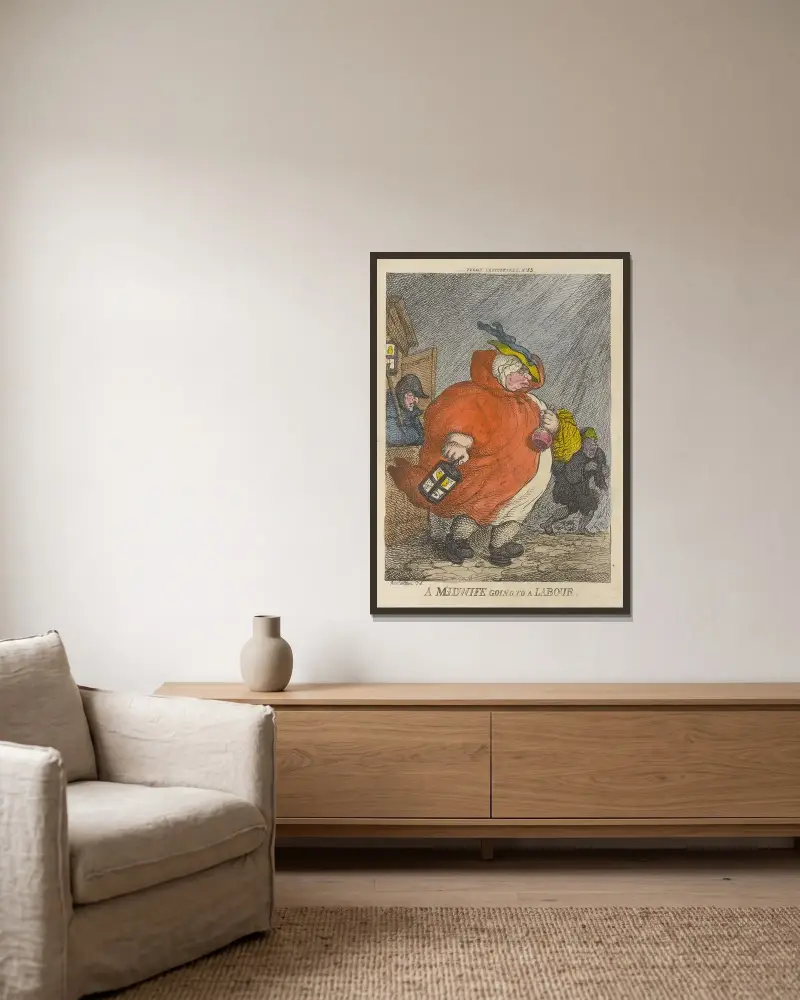 En barnmorska på väg till en förlossning av Thomas Rowlandson inramad på en vägg