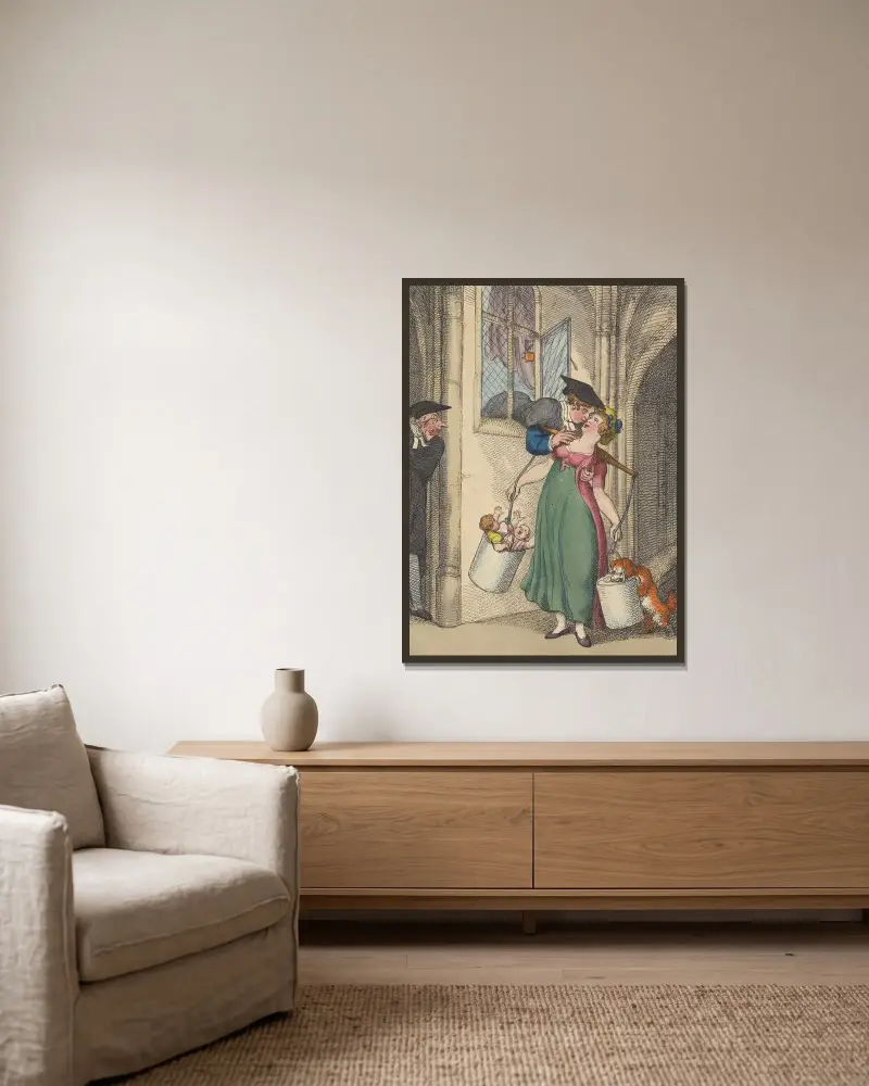 En mjölksoppa av Thomas Rowlandson inramad på en vägg