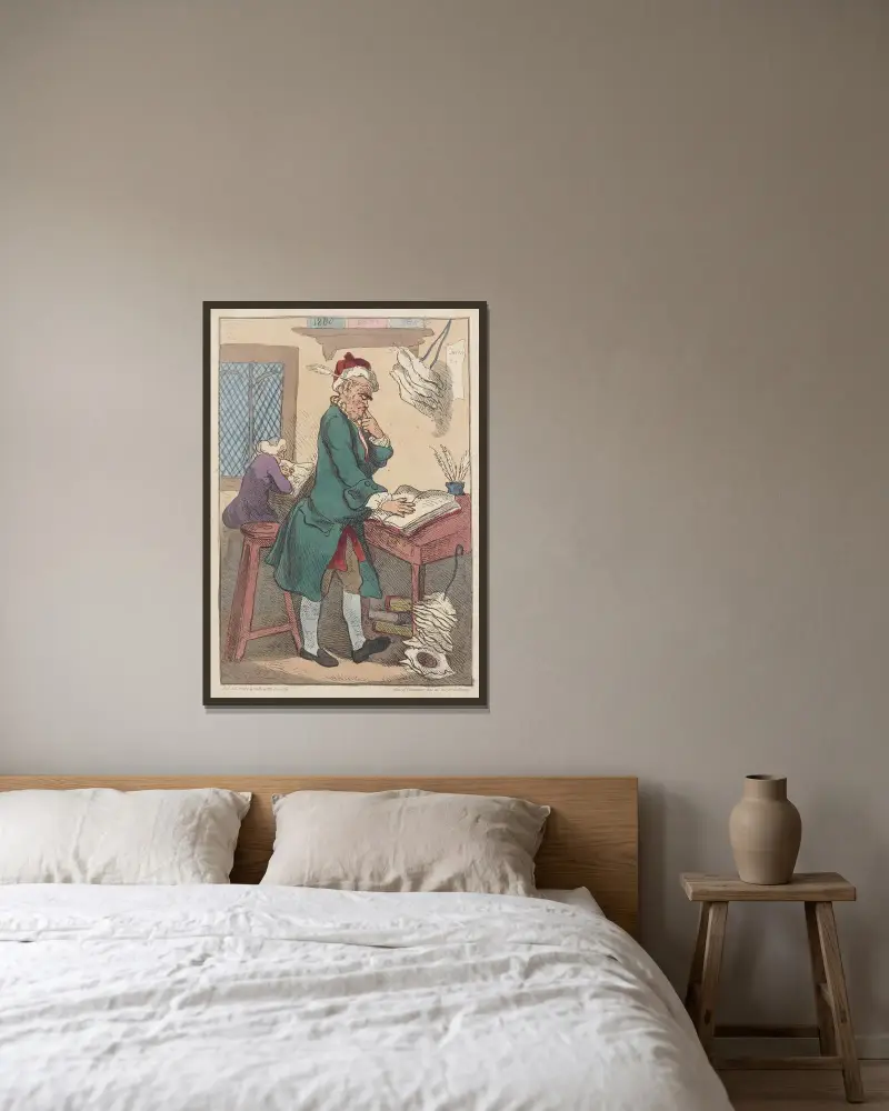 En penningskrivare av Thomas Rowlandson inramad på en vägg