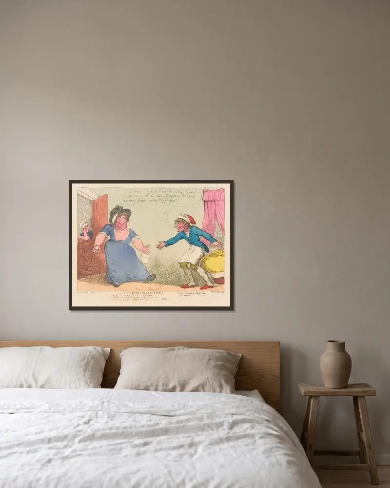 En parodi på Milton av Thomas Rowlandson inramad på en vägg