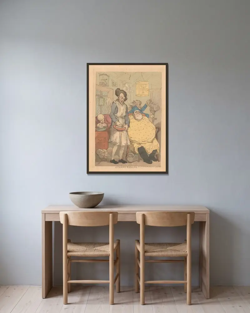 A penny barber von Thomas Rowlandson gerahmt an einer Wand