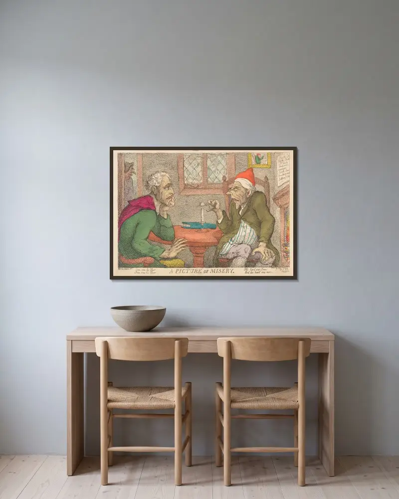 En bild av elände av Thomas Rowlandson inramad på en vägg
