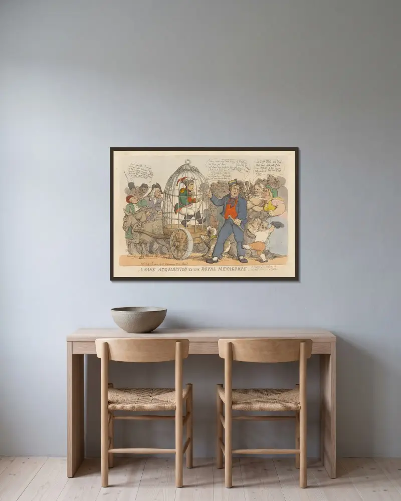 En sällsynt förvärv till den kungliga menagerien, en present från Waterloo av Marshalls Wellington & Blucher av Thomas Rowlandson inramad på en vägg