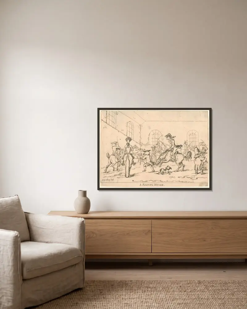 Ett ridhus av Thomas Rowlandson inramad på en vägg