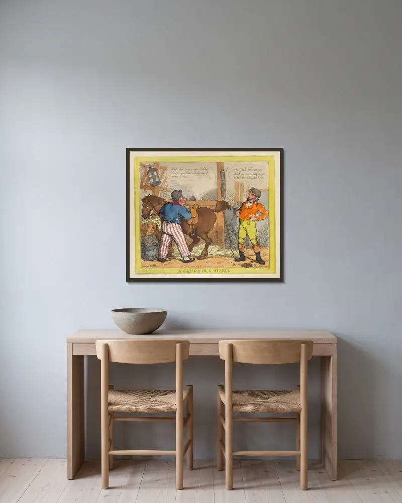 En sjöman i ett stall av Thomas Rowlandson inramad på en vägg
