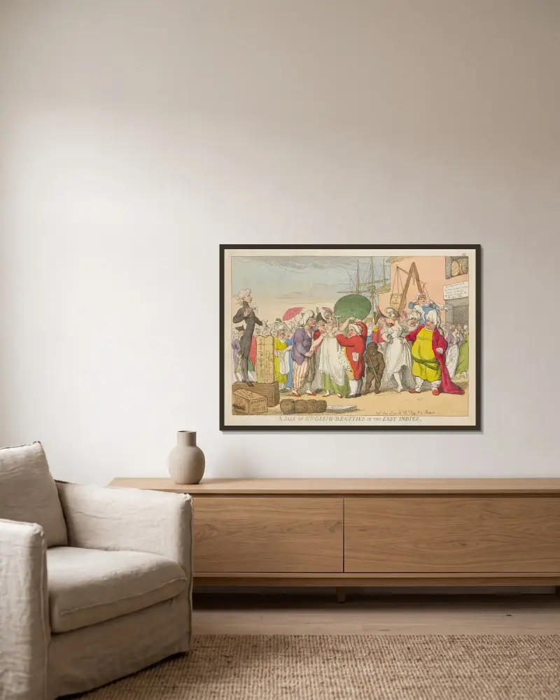 En försäljning av engelska skönheter i Ostindien av Thomas Rowlandson inramad på en vägg
