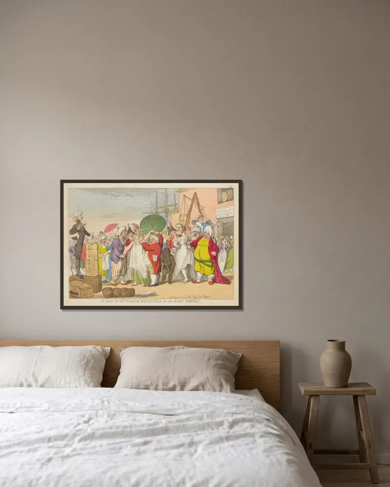 En försäljning av engelska skönheter i Ostindien av Thomas Rowlandson inramad på en vägg