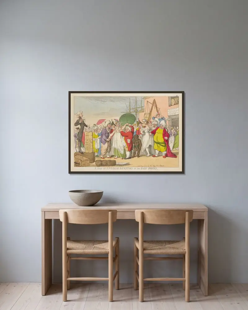 En försäljning av engelska skönheter i Ostindien av Thomas Rowlandson inramad på en vägg