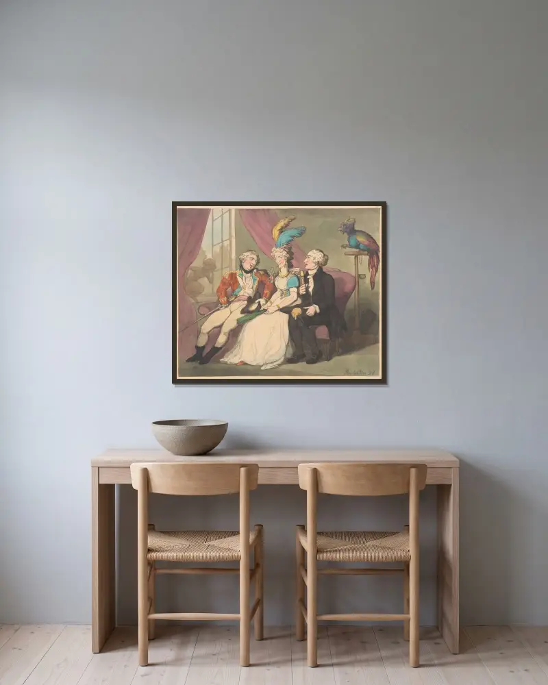 En tokighet av Thomas Rowlandson inramad på en vägg
