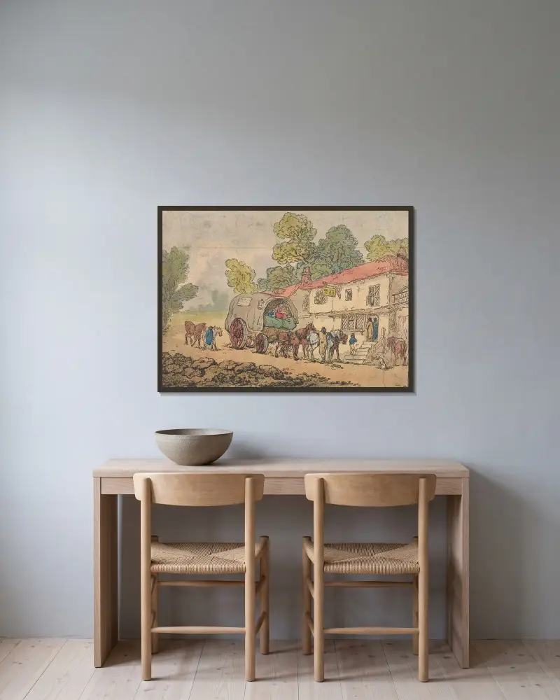En diligens av Thomas Rowlandson inramad på en vägg