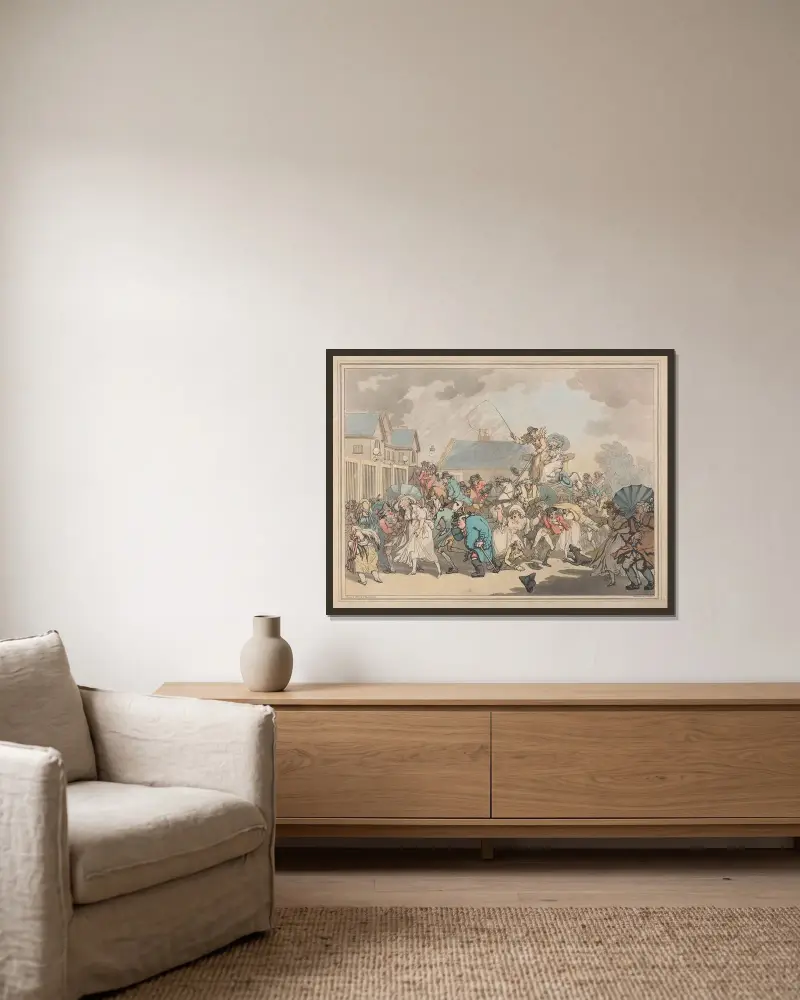 En plötslig vindstöt i Hyde Park av Thomas Rowlandson inramad på en vägg