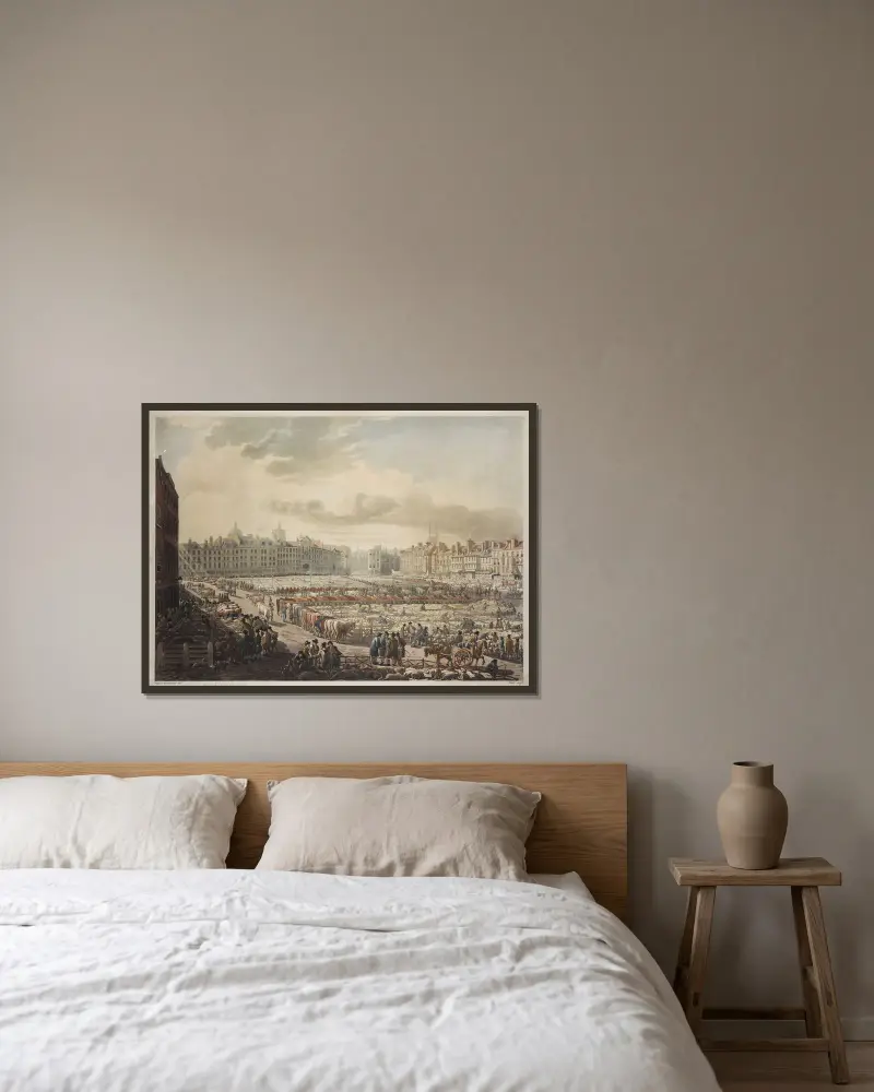 Ansicht des Smithfield Market von Thomas Rowlandson gerahmt an einer Wand