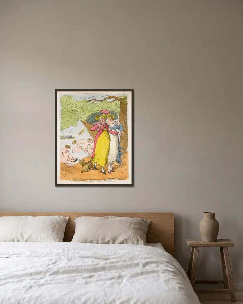 Blick auf das Ufer der Themse von Thomas Rowlandson gerahmt an einer Wand