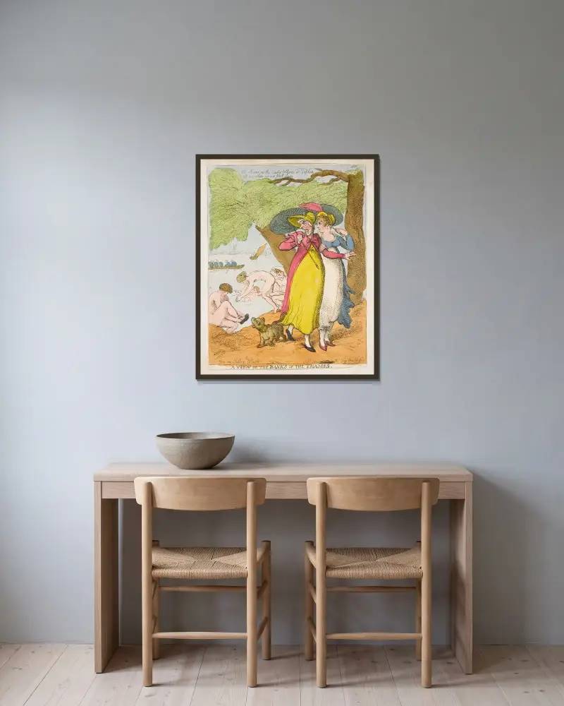 Blick auf das Ufer der Themse von Thomas Rowlandson gerahmt an einer Wand