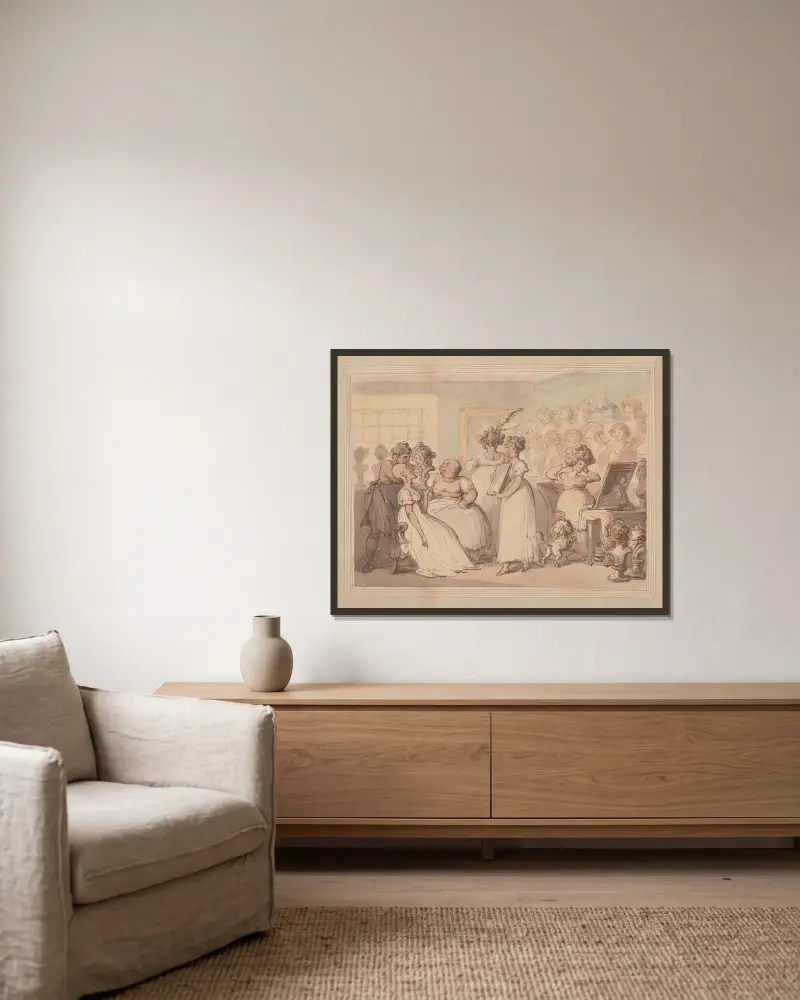 En perukaffär av Thomas Rowlandson inramad på en vägg
