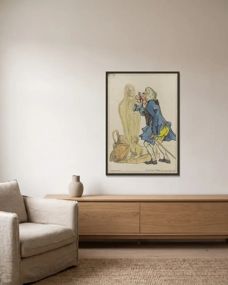 An antiquarian av Thomas Rowlandson inramad på en vägg