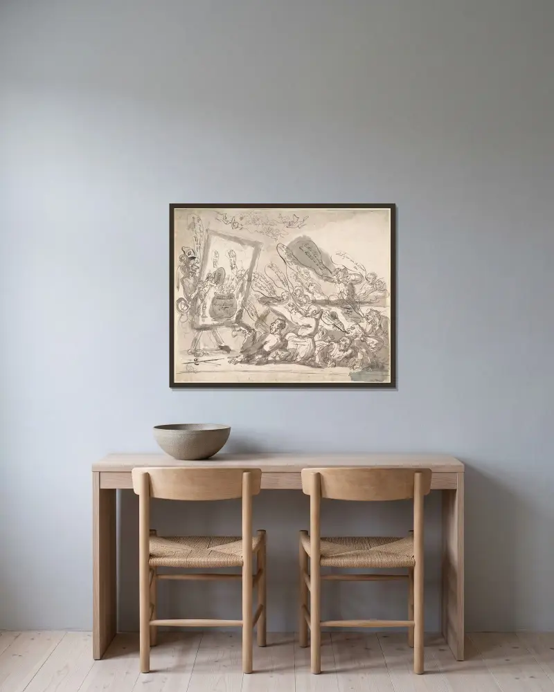 Ett irländskt tjut av Thomas Rowlandson inramad på en vägg
