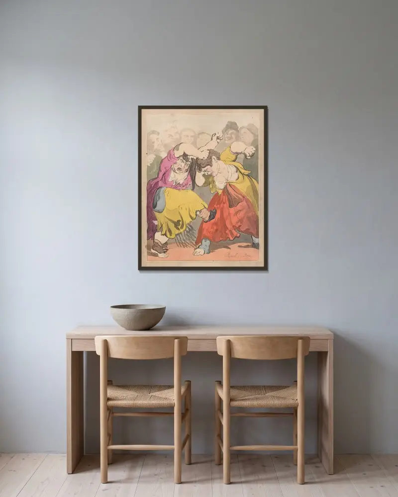 Amazonslaget av Thomas Rowlandson inramad på en vägg