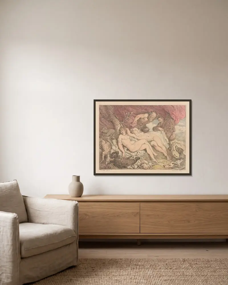 Skönheten och satyrerna av Thomas Rowlandson inramad på en vägg