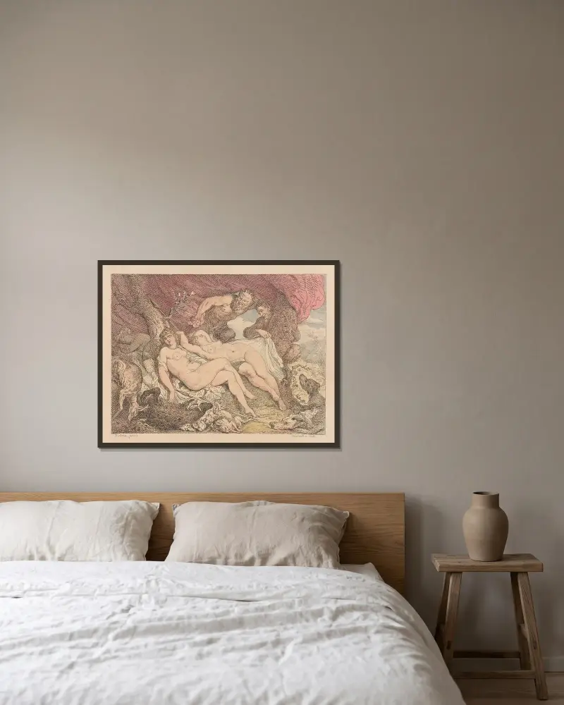 Skönheten och satyrerna av Thomas Rowlandson inramad på en vägg
