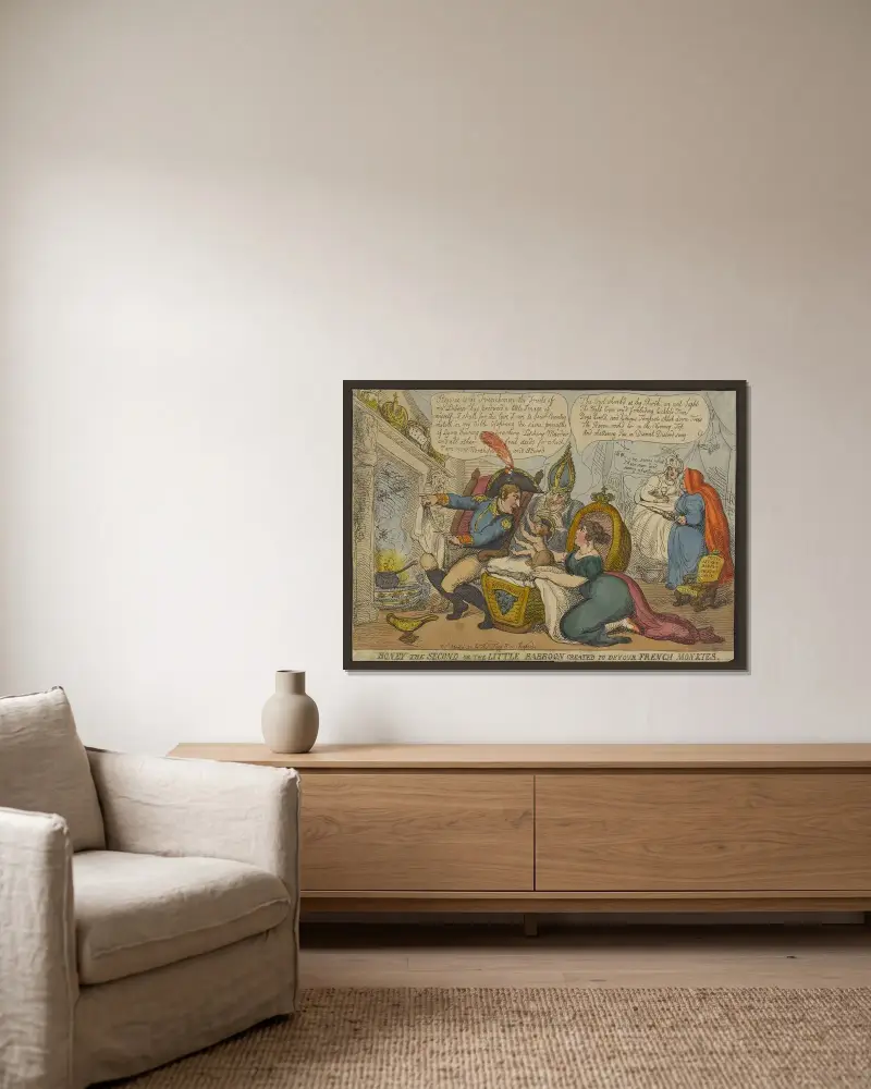 Boney den andre, eller den lilla babianen skapad för att sluka franska apor av Thomas Rowlandson inramad på en vägg