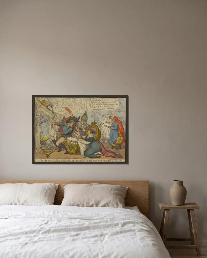 Boney den andre, eller den lilla babianen skapad för att sluka franska apor av Thomas Rowlandson inramad på en vägg