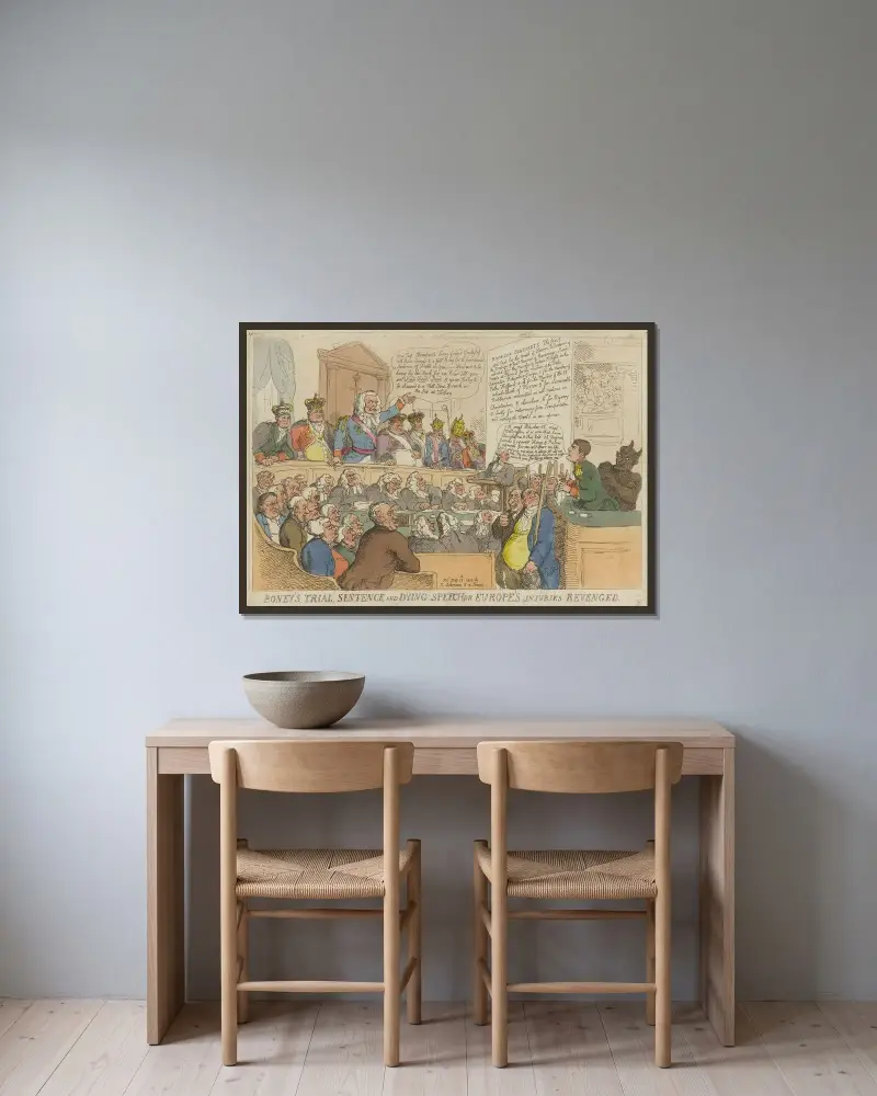 Boneys rättegång, dom och döende tal, eller Europas skador hämnade av Thomas Rowlandson inramad på en vägg