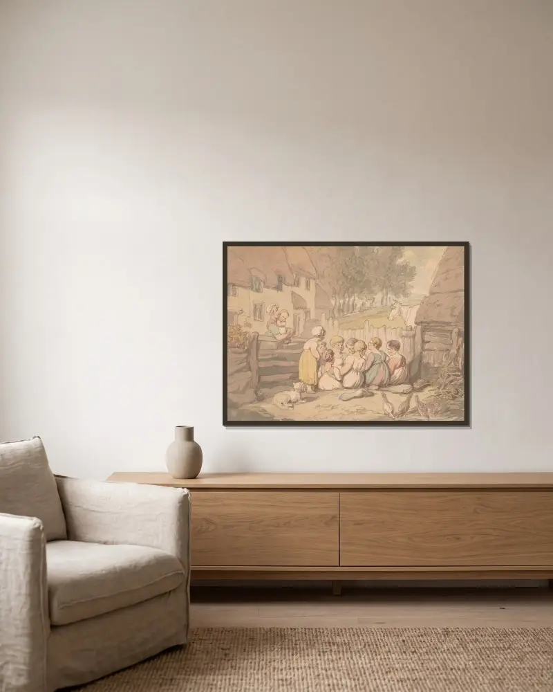 Kinder vor einem Cottage, Devon von Thomas Rowlandson gerahmt an einer Wand