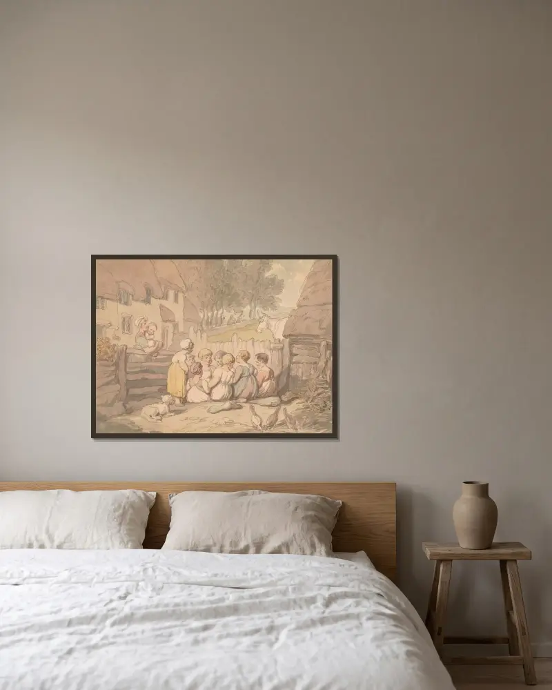 Kinder vor einem Cottage, Devon von Thomas Rowlandson gerahmt an einer Wand