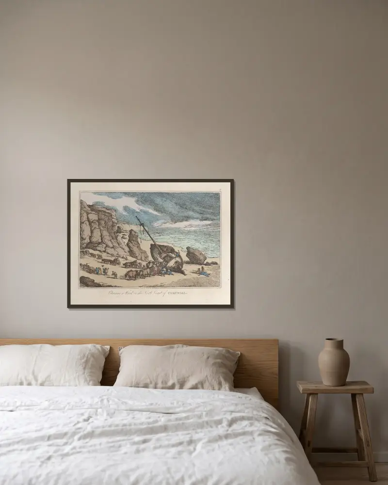 Bärgning av ett vrak på Cornwalls norra kust av Thomas Rowlandson inramad på en vägg