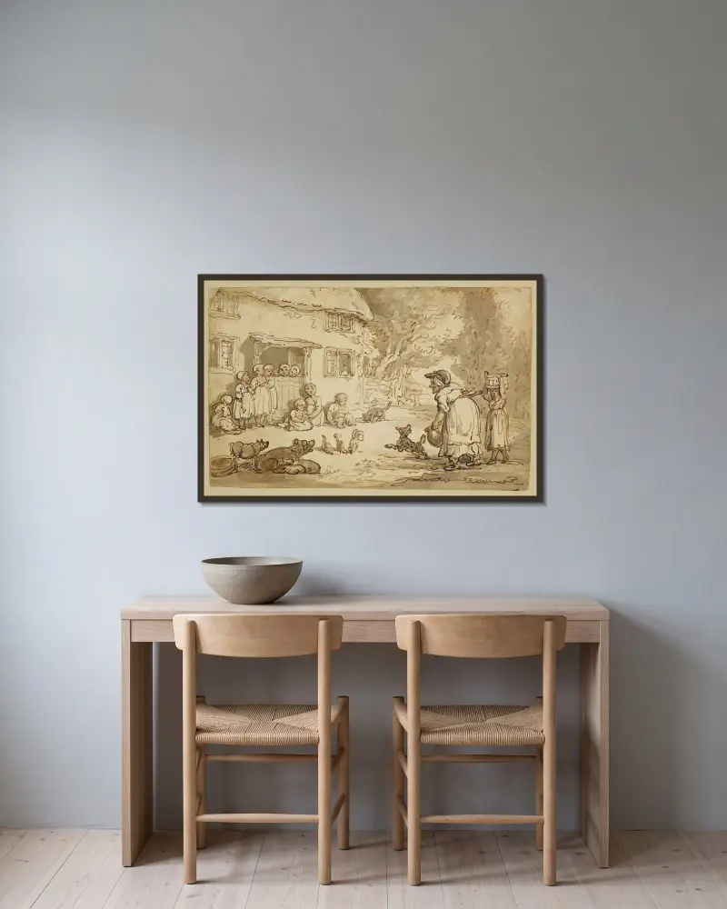 Stugan full av barn av Thomas Rowlandson inramad på en vägg