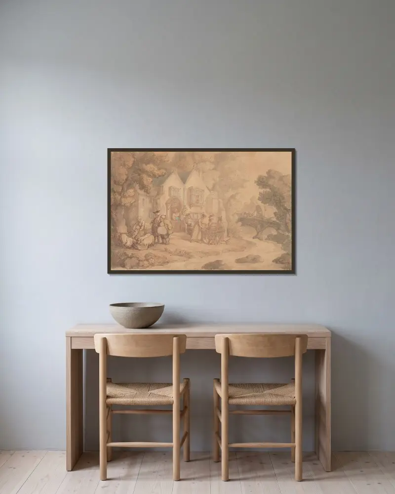 Lantkrog vid flodbro av Thomas Rowlandson inramad på en vägg