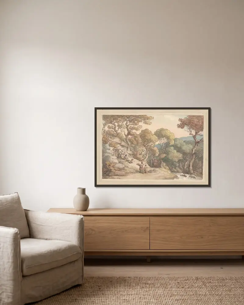 Landskapsscen i Cumberland av Thomas Rowlandson inramad på en vägg