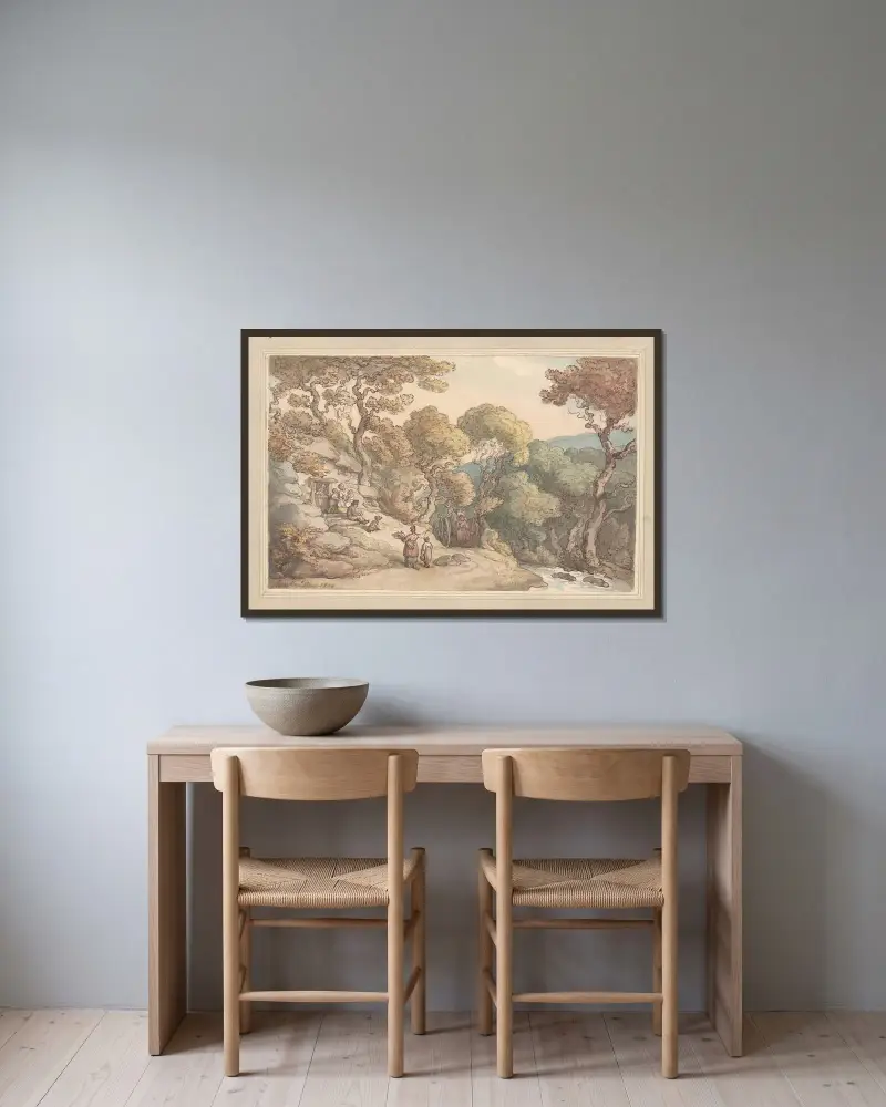 Landskapsscen i Cumberland av Thomas Rowlandson inramad på en vägg