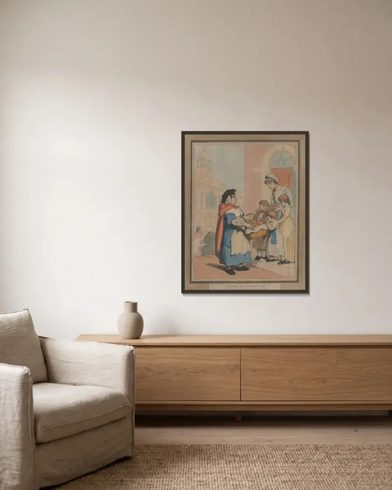 Ropen från London, nr 8 ; Varma korsbullar, två för en penny av Thomas Rowlandson inramad på en vägg
