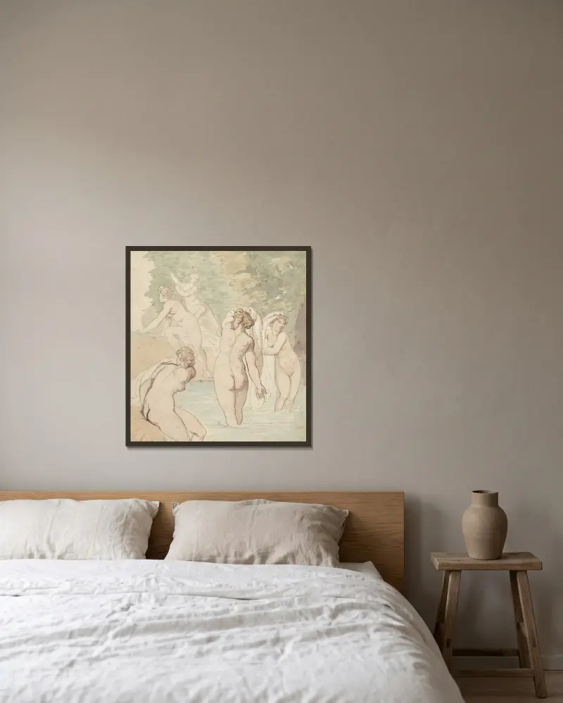 Diana och hennes nymfer badande av Thomas Rowlandson inramad på en vägg