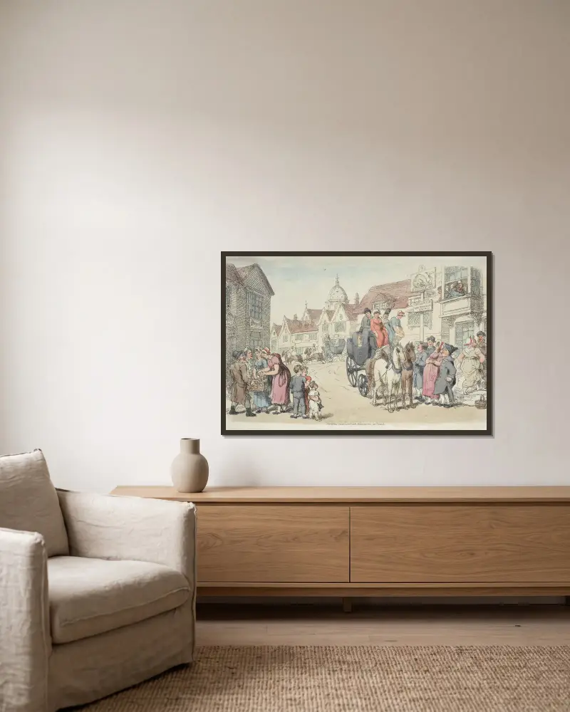 Dolphins Inn; Greenwich and Woolwich Coaches av Thomas Rowlandson inramad på en vägg