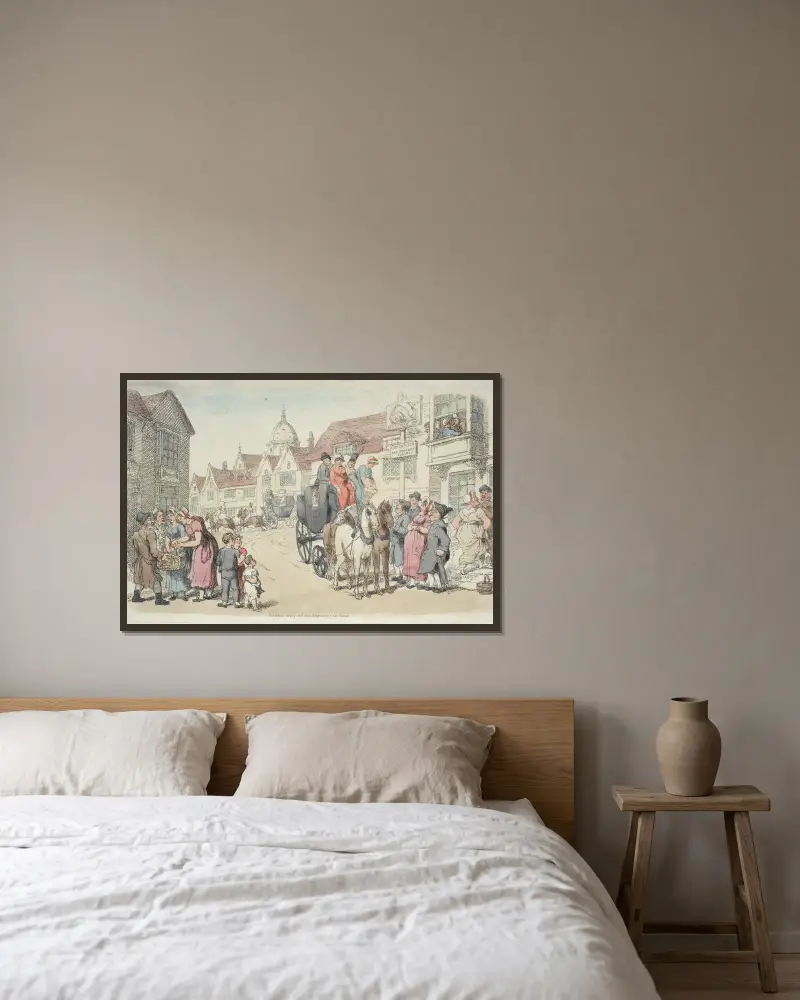 Dolphins Inn; Greenwich and Woolwich Coaches av Thomas Rowlandson inramad på en vägg