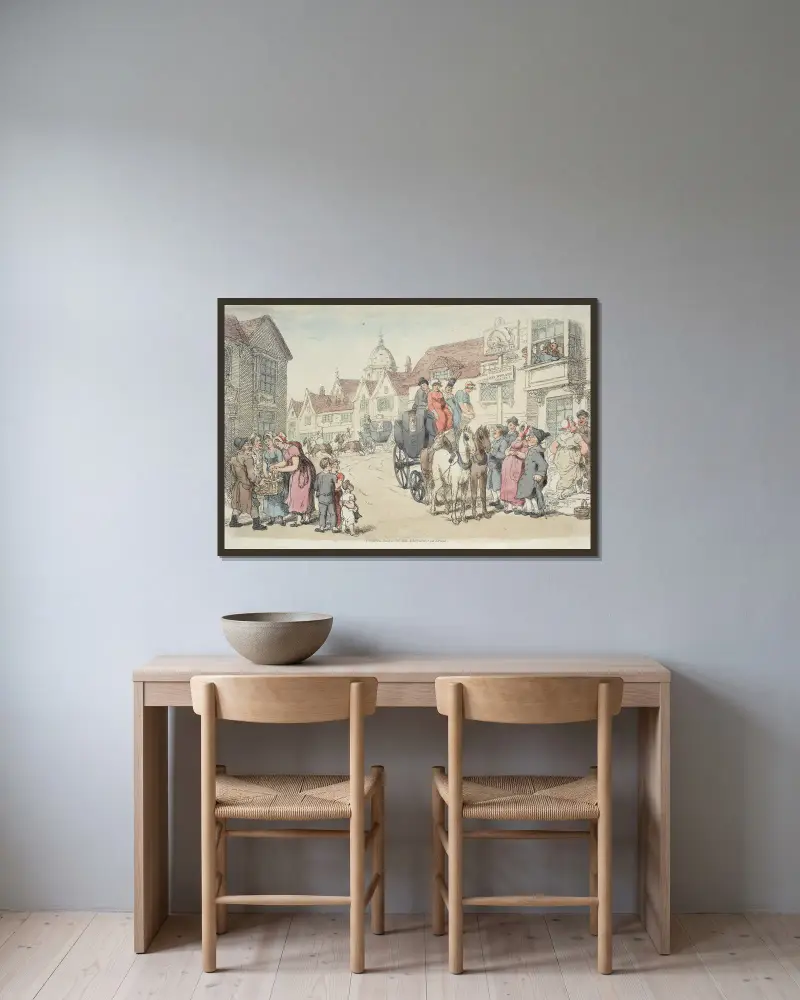 Dolphins Inn; Greenwich and Woolwich Coaches av Thomas Rowlandson inramad på en vägg