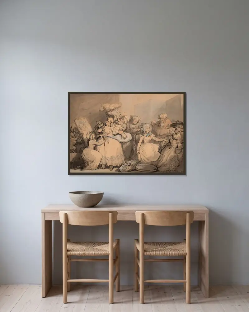 Kläder för en födelsedag av Thomas Rowlandson inramad på en vägg