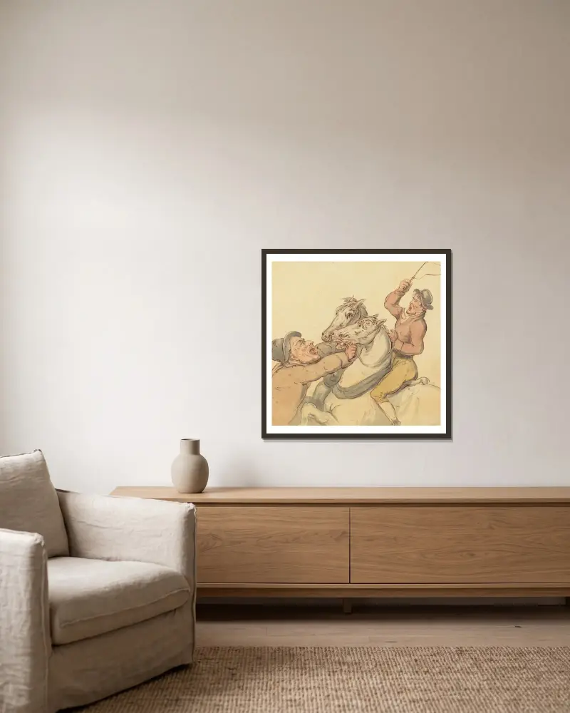 Boskapshandlare med ett par stegrande hästar av Thomas Rowlandson inramad på en vägg
